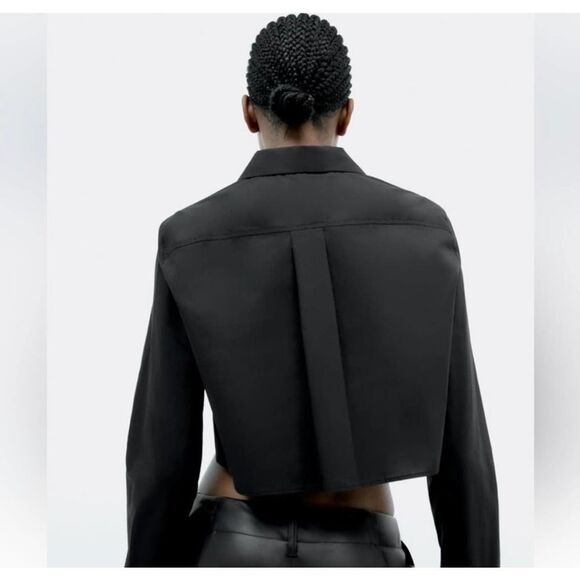 Zara NWT Long Sleeve Cropped Button Down Shirt Blouse Black Size XS - Picture 4 of 8